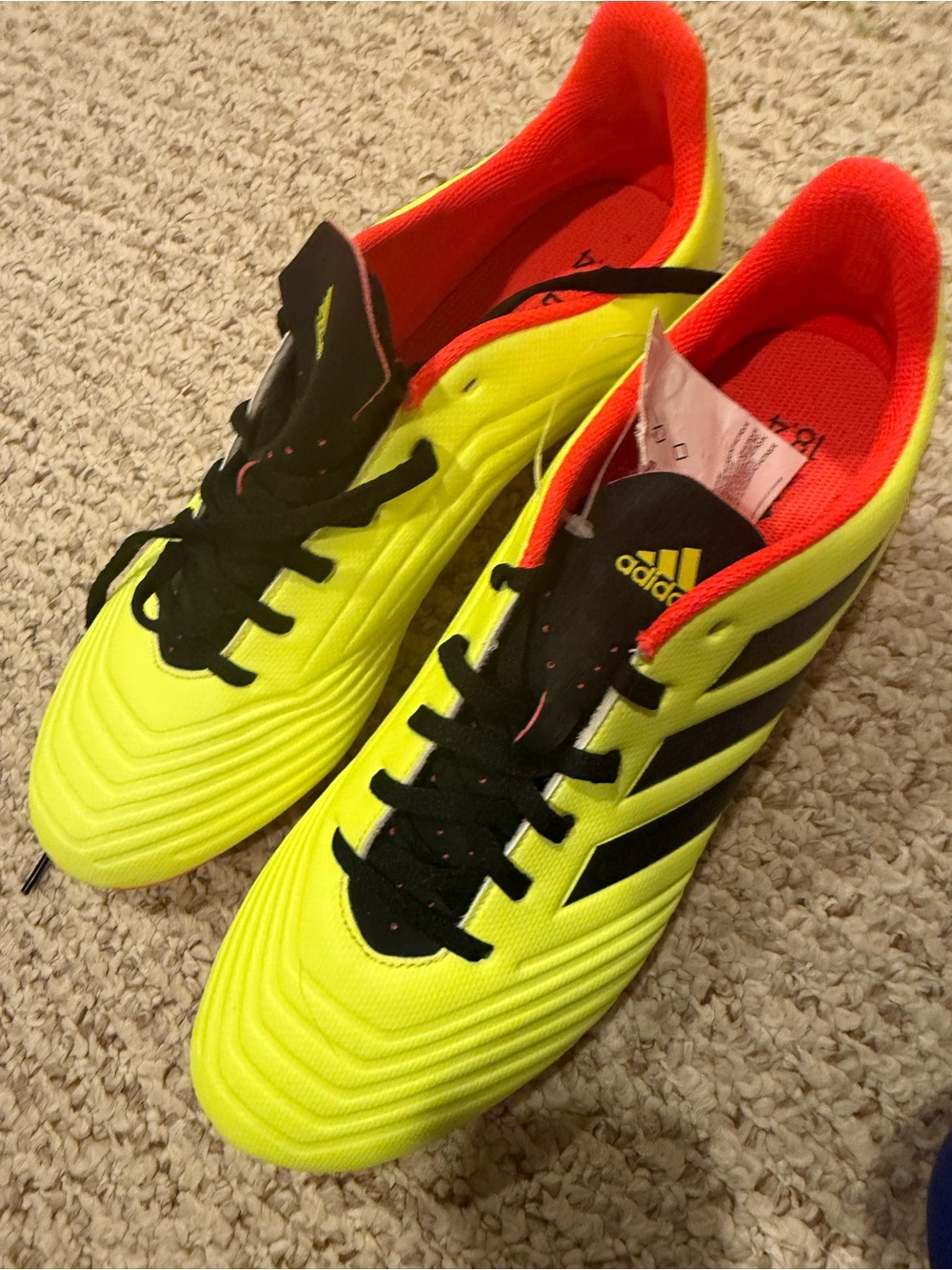 adidas Neon Yellow and Black Soccer Shoes with Red-Orange Lining